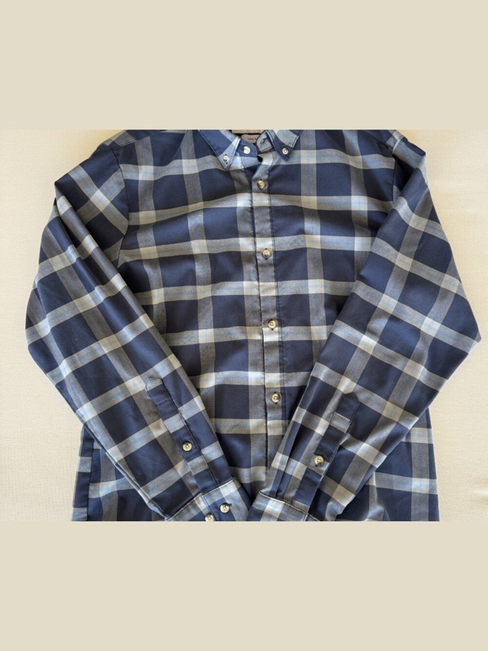 Mizzen+Main Flannel Shirt Blue Tan Plaid Large Trim Fit